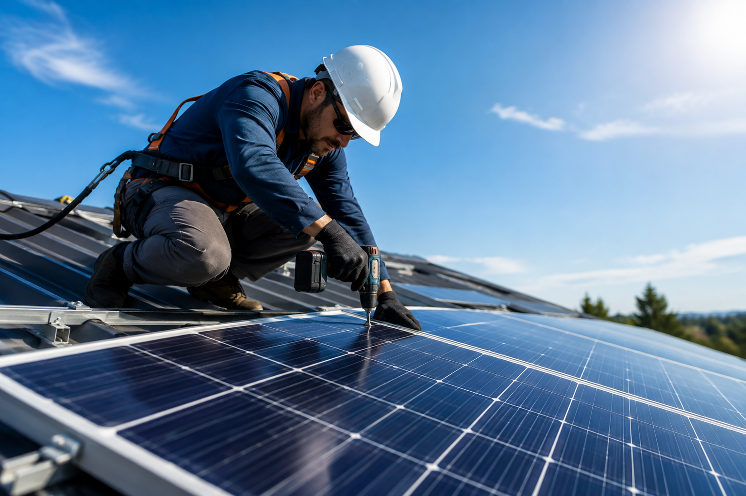 Equipe técnica instalando painéis solares