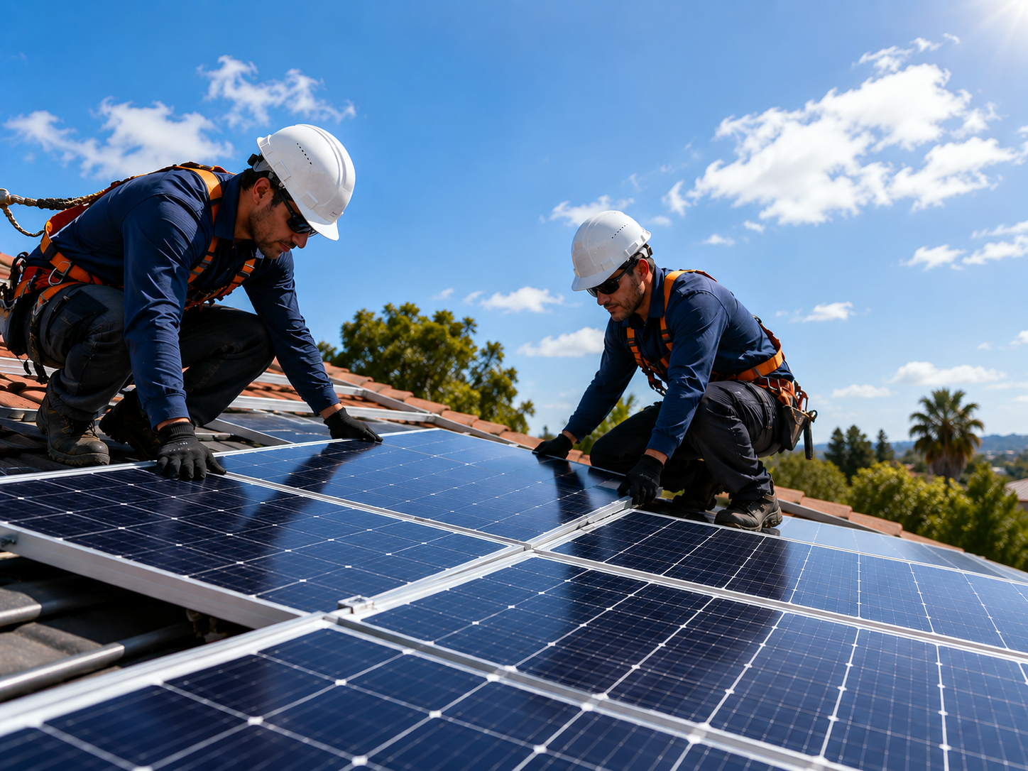 Técnico instalando painéis solares