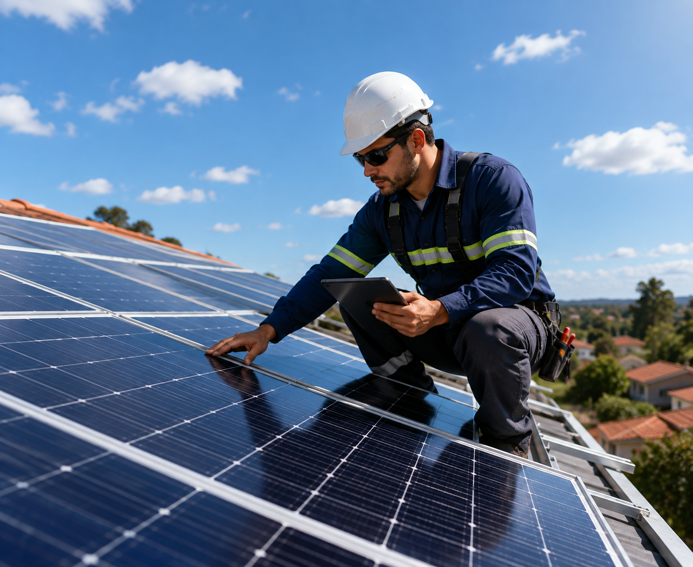 Técnico avaliando instalação de energia solar